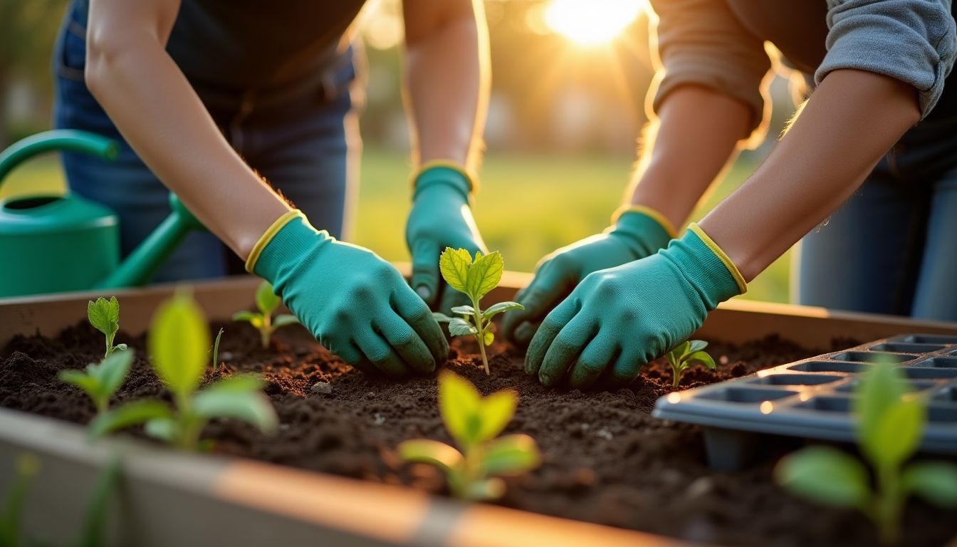 A cinematic photograph of gloved hands planting seedlings together in a raised community garden bed, soft morning light, compost bin and watering can nearby, photorealistic, no text