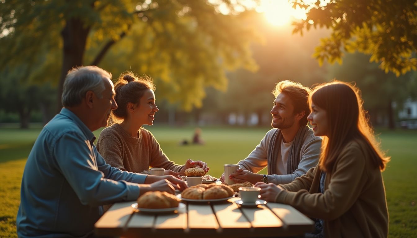 A cinematic photograph of neighbours chatting over tea at a long shared table on a leafy suburban street at golden hour, string lights overhead, photorealistic, no text