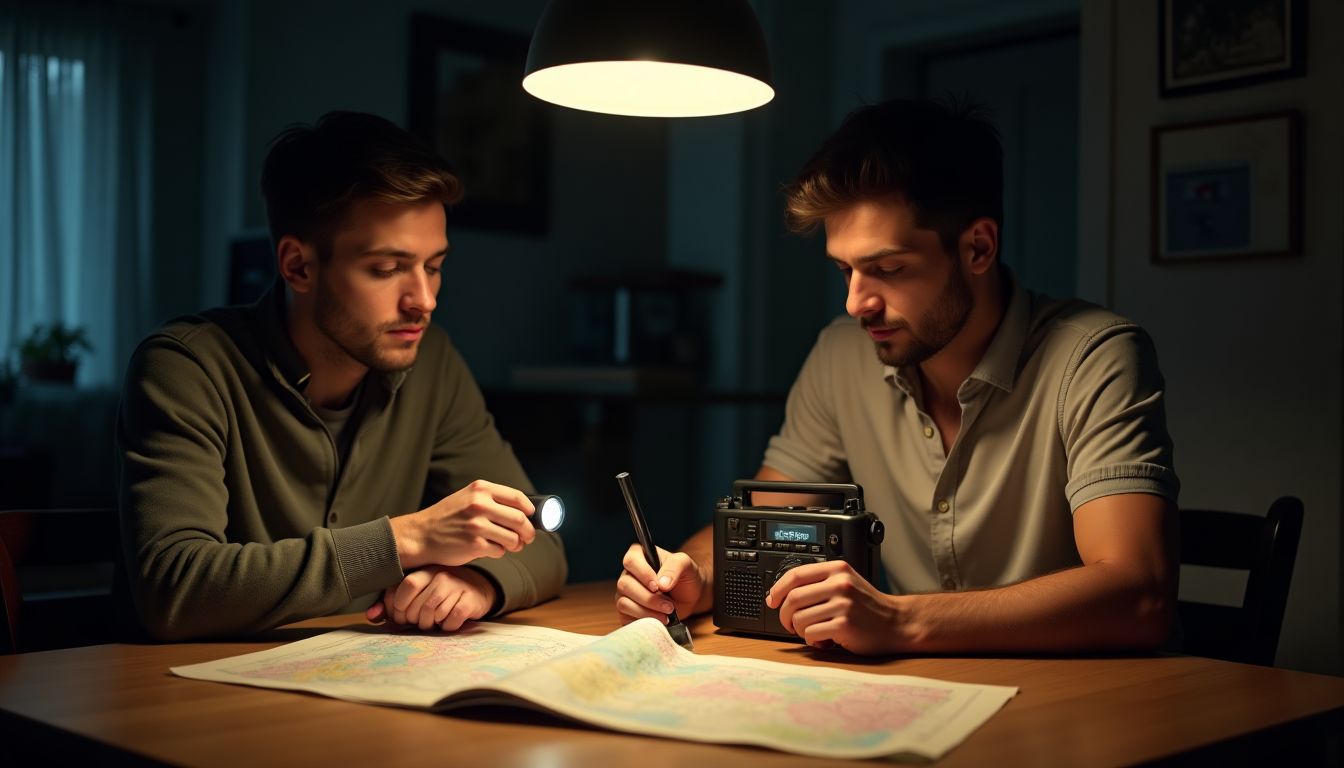 A cinematic photograph of a neighbour checking a household emergency kit torch and radio at a kitchen table by lamplight, calm evening mood, photorealistic, no text